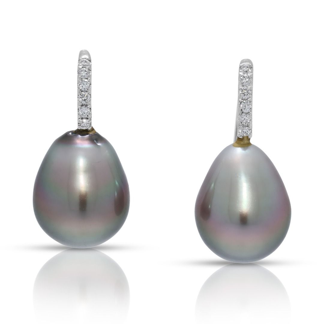 Opulent 0.06ct Natural Diamond & South Sea Pearl 18K White Gold Hook Earrings