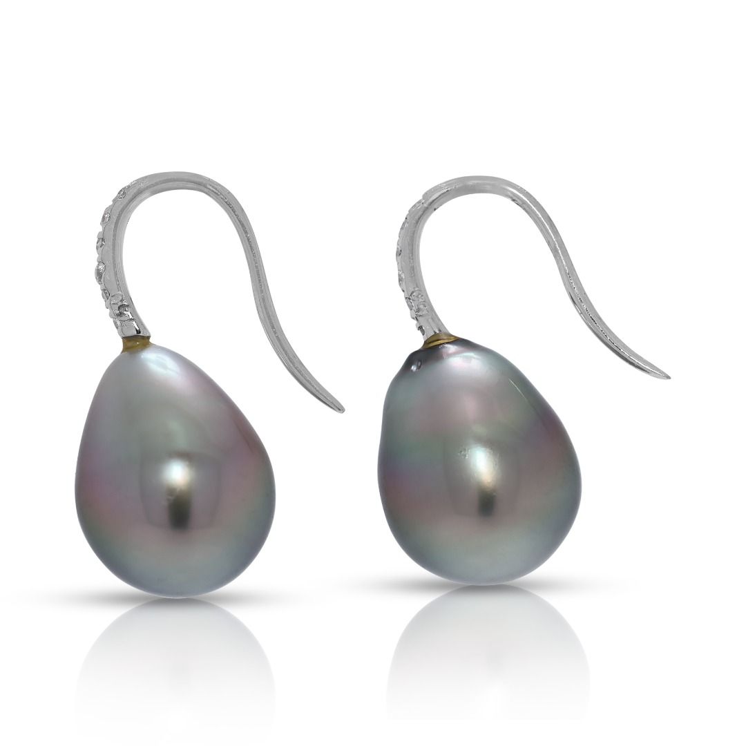 Opulent 0.06ct Natural Diamond & South Sea Pearl 18K White Gold Hook Earrings