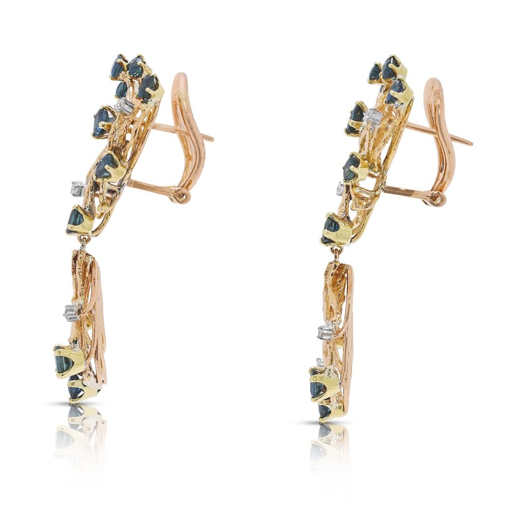 Opulent 3.31ct Sapphire & Natural Diamond 18K Yellow Gold Drop Earrings