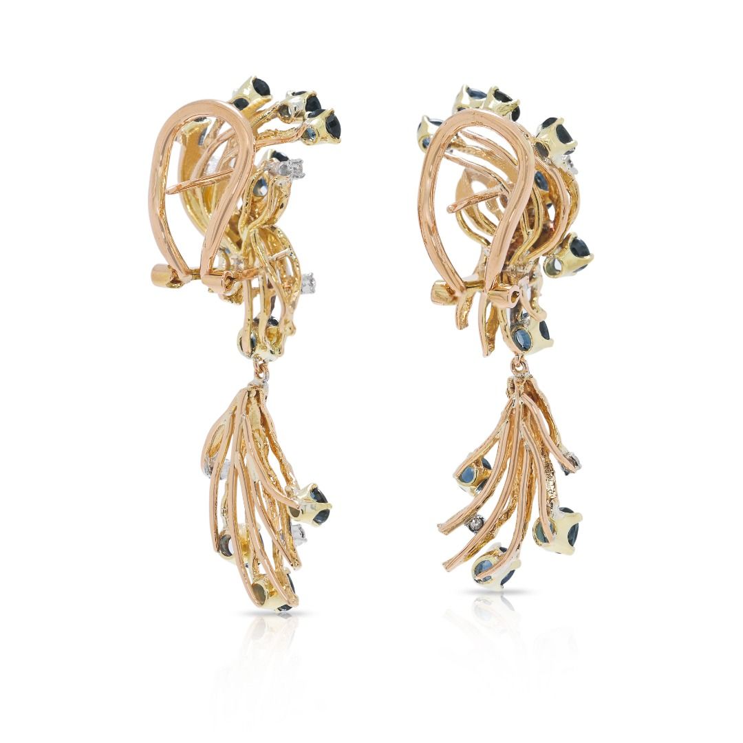 Opulent 3.31ct Sapphire & Natural Diamond 18K Yellow Gold Drop Earrings