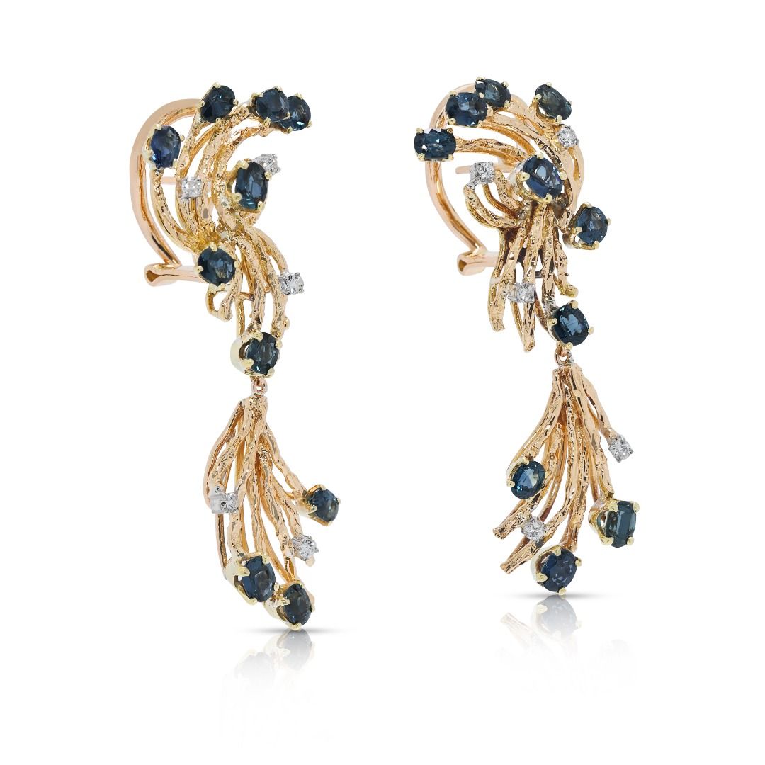 Opulent 3.31ct Sapphire & Natural Diamond 18K Yellow Gold Drop Earrings