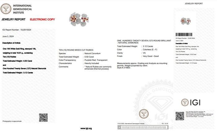 Opulent 3.62ct Ruby & Diamond Ring in 14K White Gold - IGI Certified
