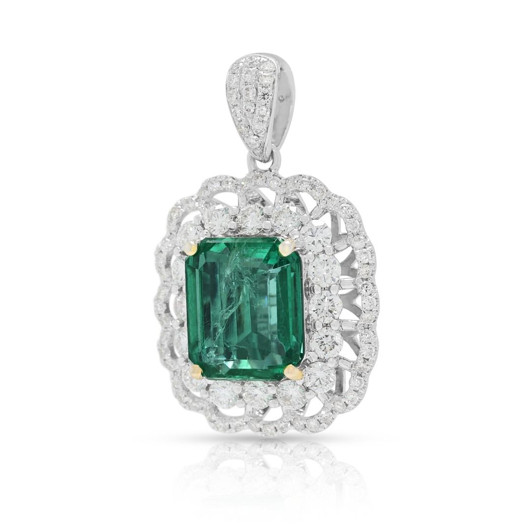 Opulent 4.15ct Emerald & Diamond Pendant in 18K Two-Toned Gold