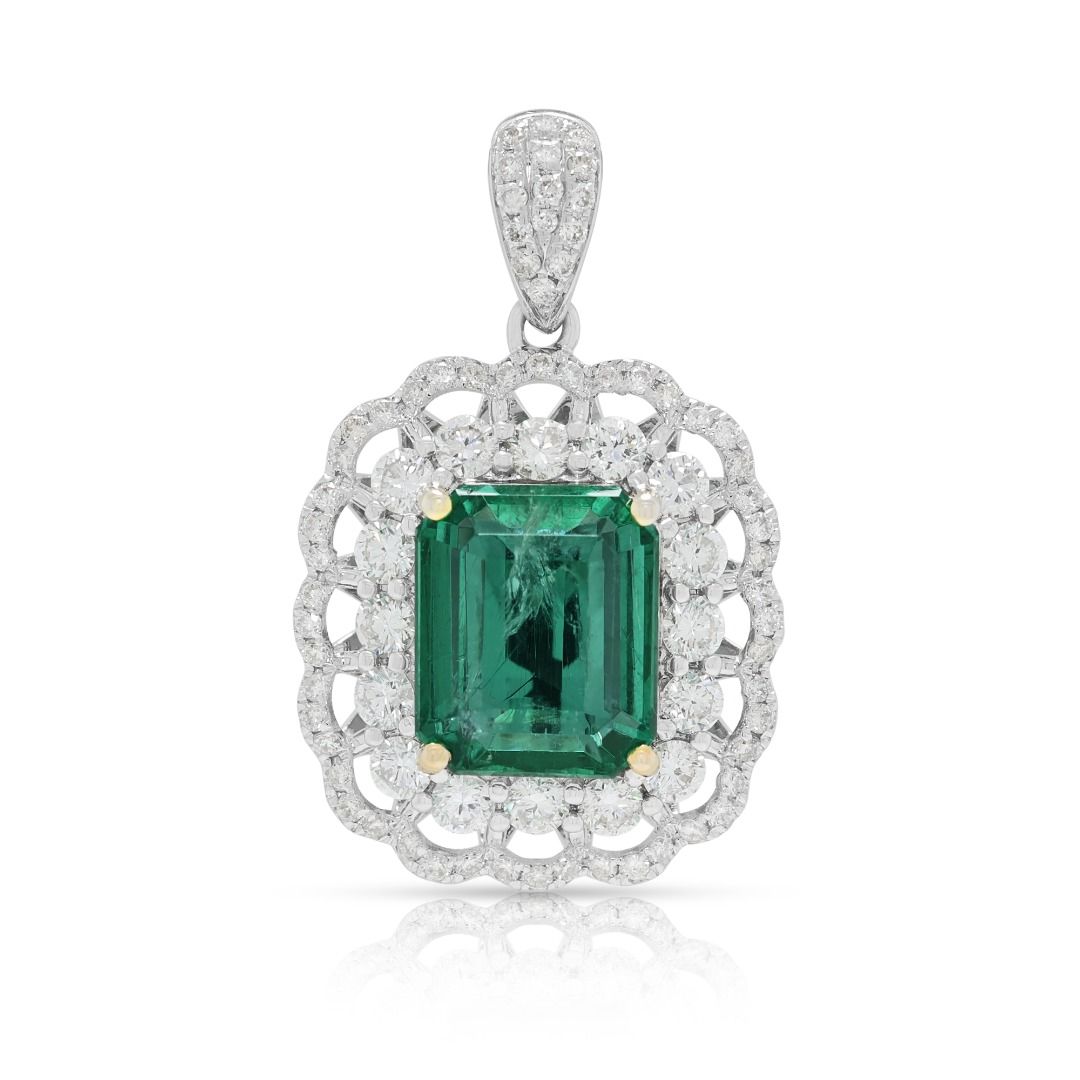Opulent 4.15ct Emerald & Diamond Pendant in 18K Two-Toned Gold