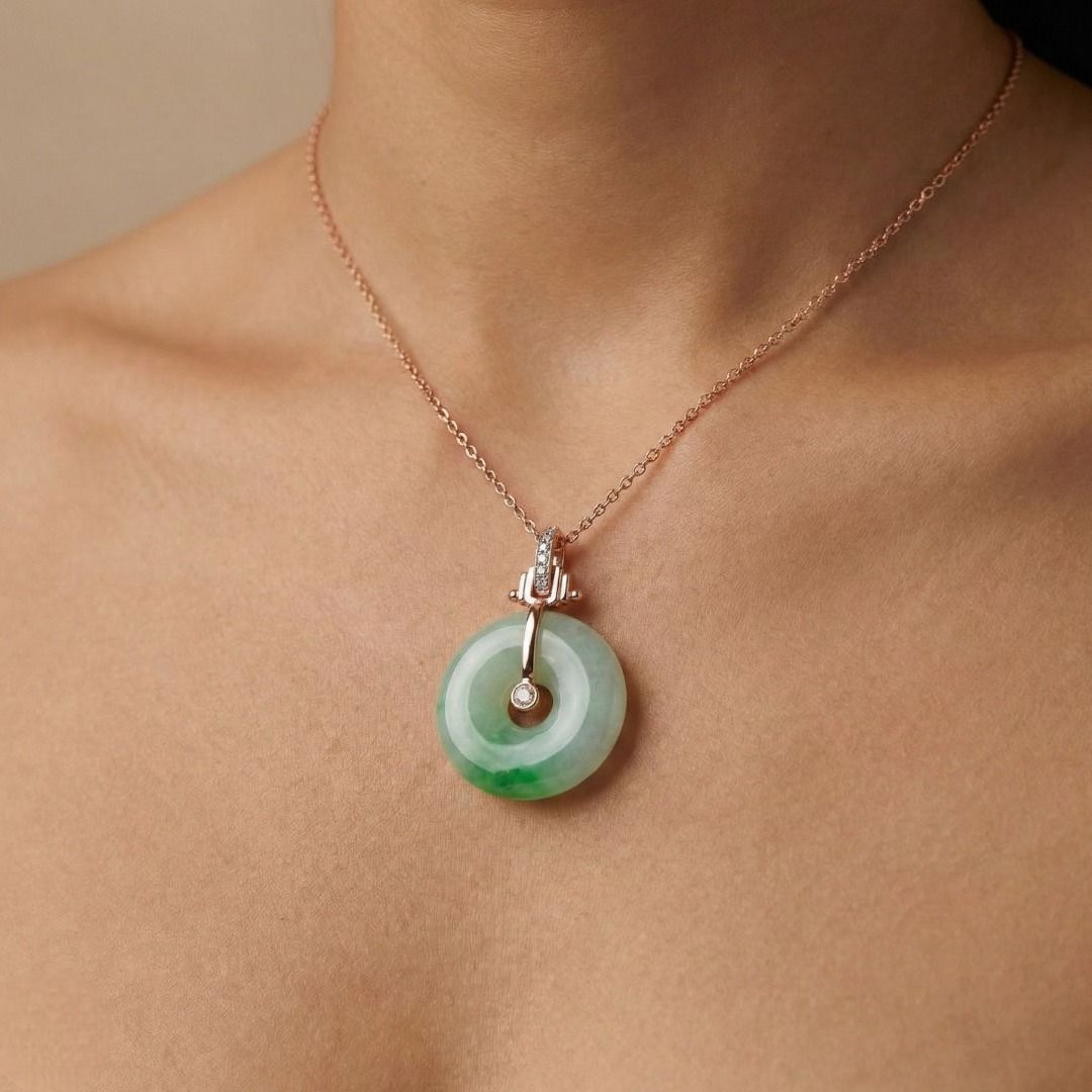 Ornate 0.10ct Natural Diamond and Green Jade Pi Disc Pendant in 20k Yellow Gold