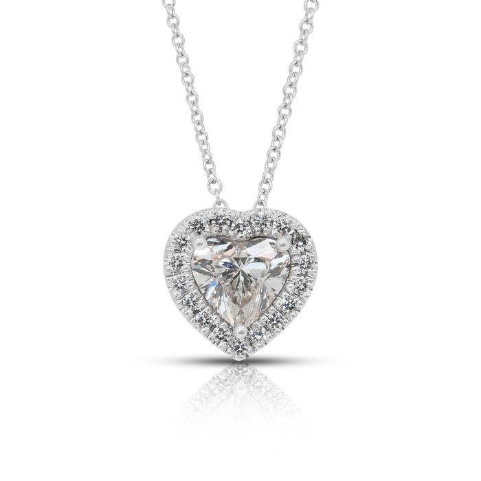 Precious 1.21ct Diamonds Necklace with Halo Heart-Shaped Pendant in 18k White Gold - IGI Certified