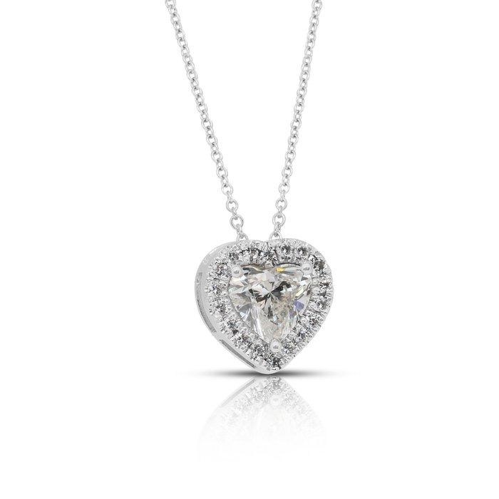 Precious 1.21ct Diamonds Necklace with Halo Heart-Shaped Pendant in 18k White Gold - IGI Certified