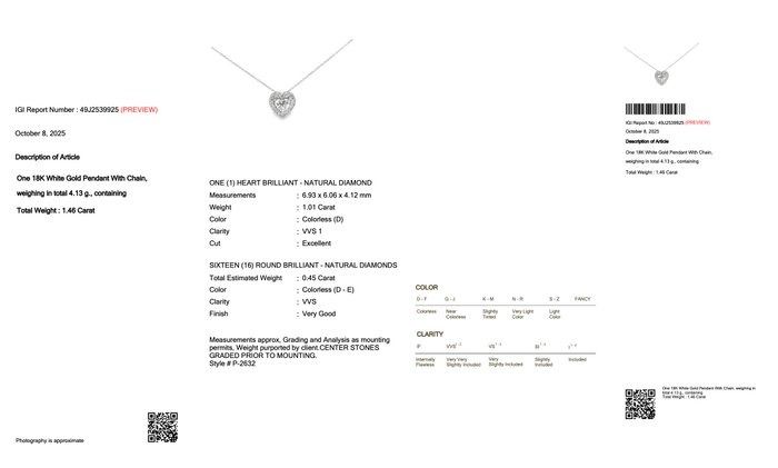 Precious 1.46ct Diamonds Necklace with Heart Pendant in 18k White Gold - IGI Certified