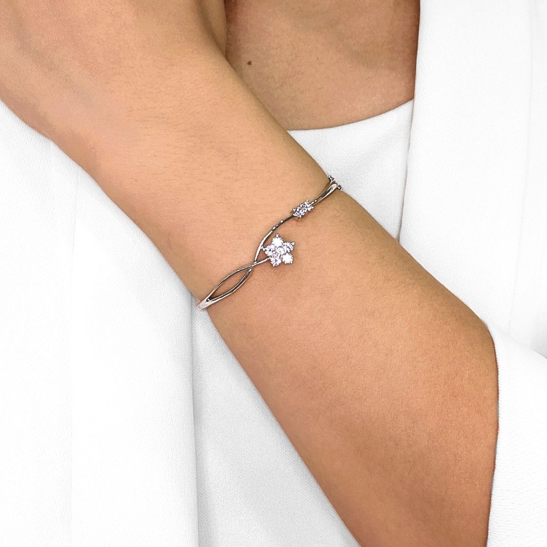 Radiant 0.40ct Natural Diamond Floral Bypass Bangle in 18k White Gold