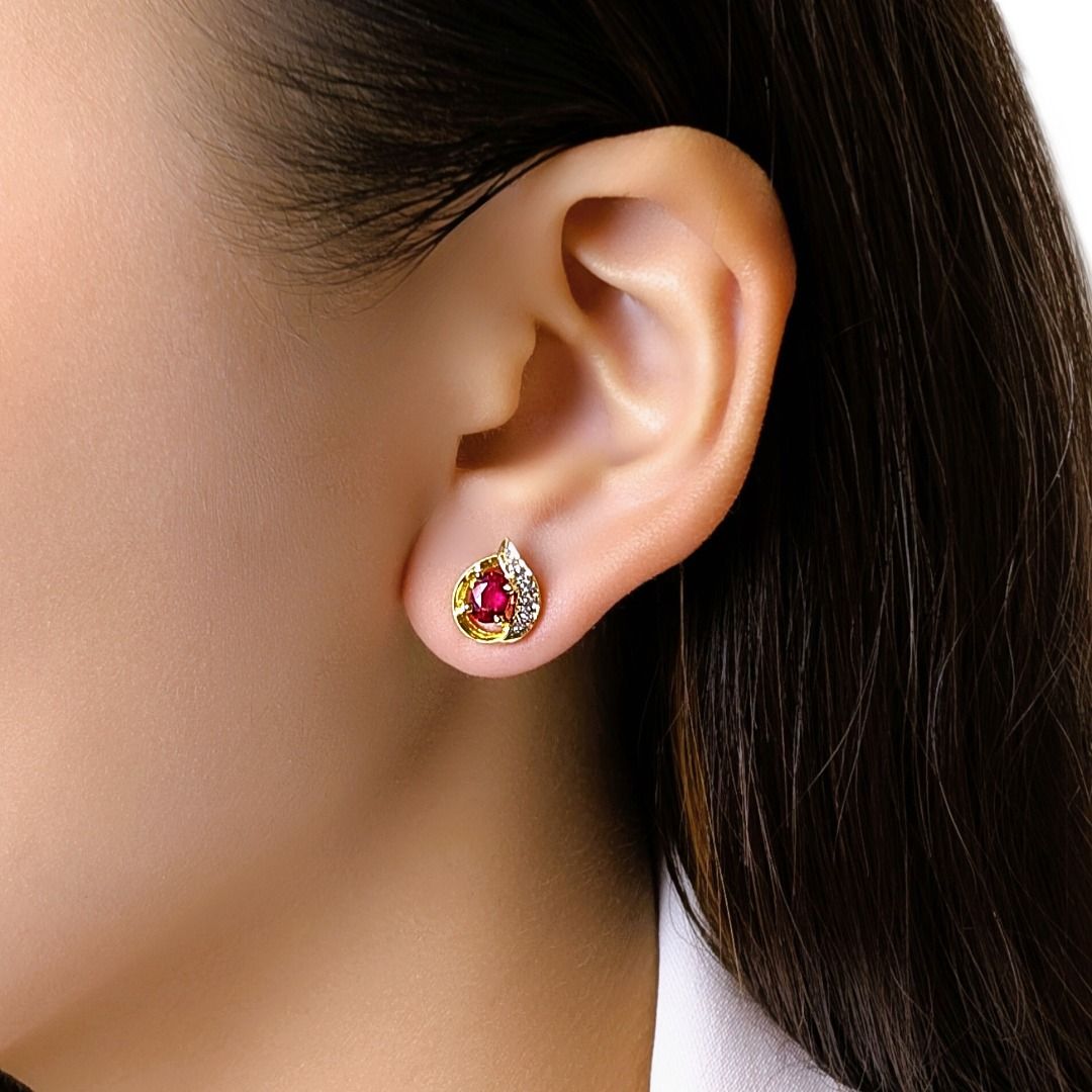 Radiant 0.46ct Ruby & Diamond Stud Earrings in 18K Yellow Gold