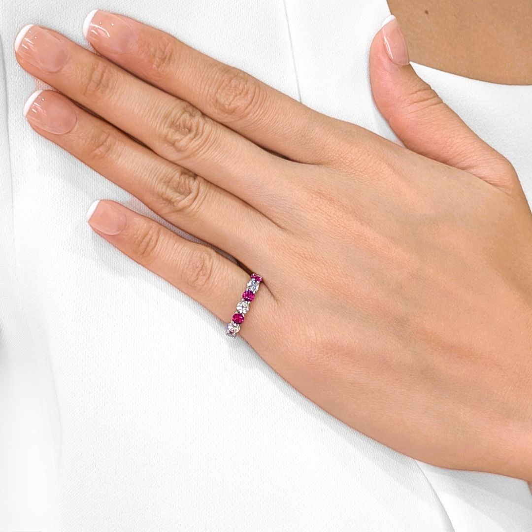 Radiant 0.93ct Ruby & Diamond Band in 18K White Gold