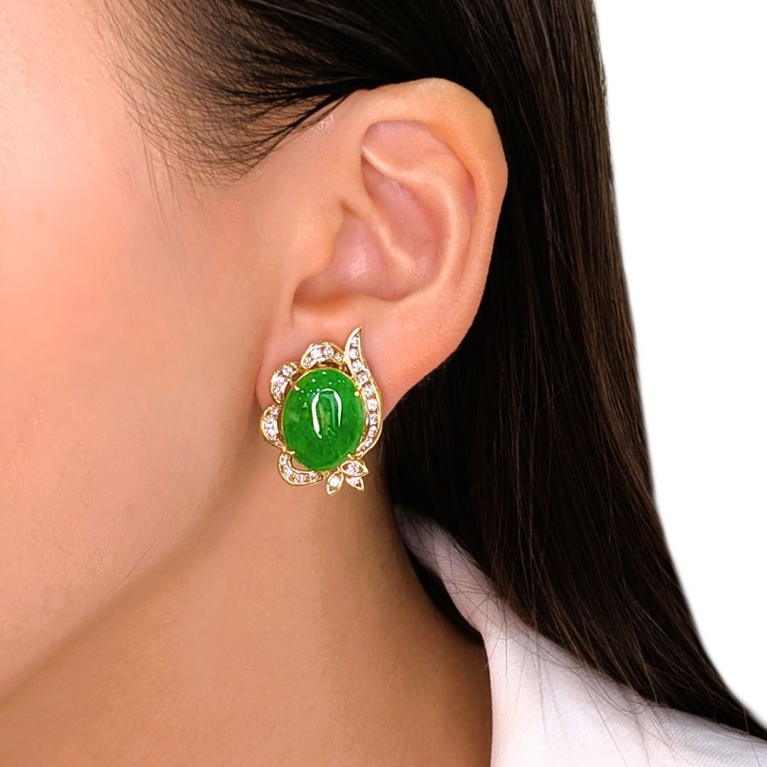 Radiant 1.12ct Green Jade and Diamond Earrings in 18k Yellow Gold