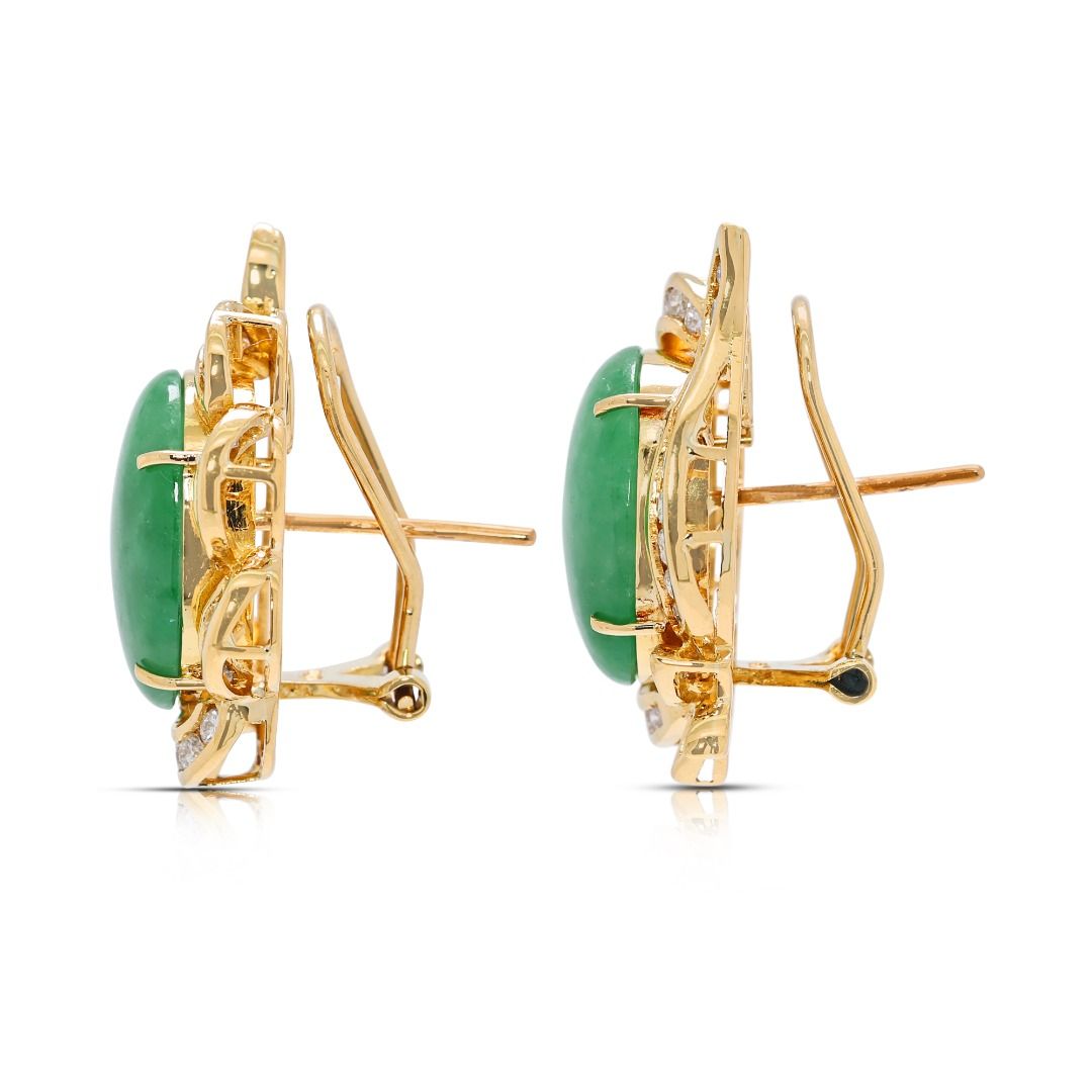 Radiant 1.12ct Green Jade and Diamond Earrings in 18k Yellow Gold