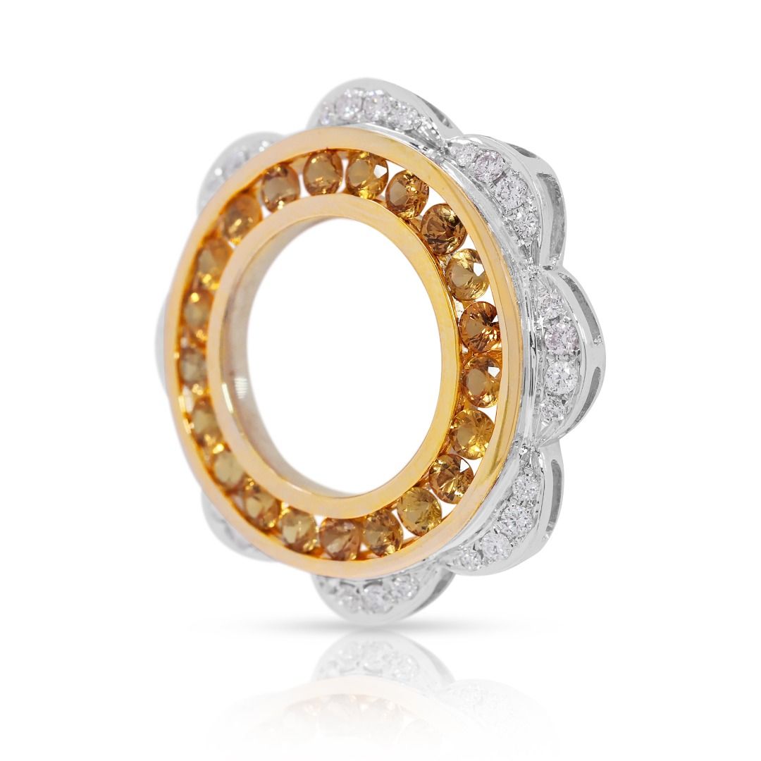 Radiant 1.29ct Yellow Sapphire and Diamond Floral Motif 18k Two-Tone Pendant