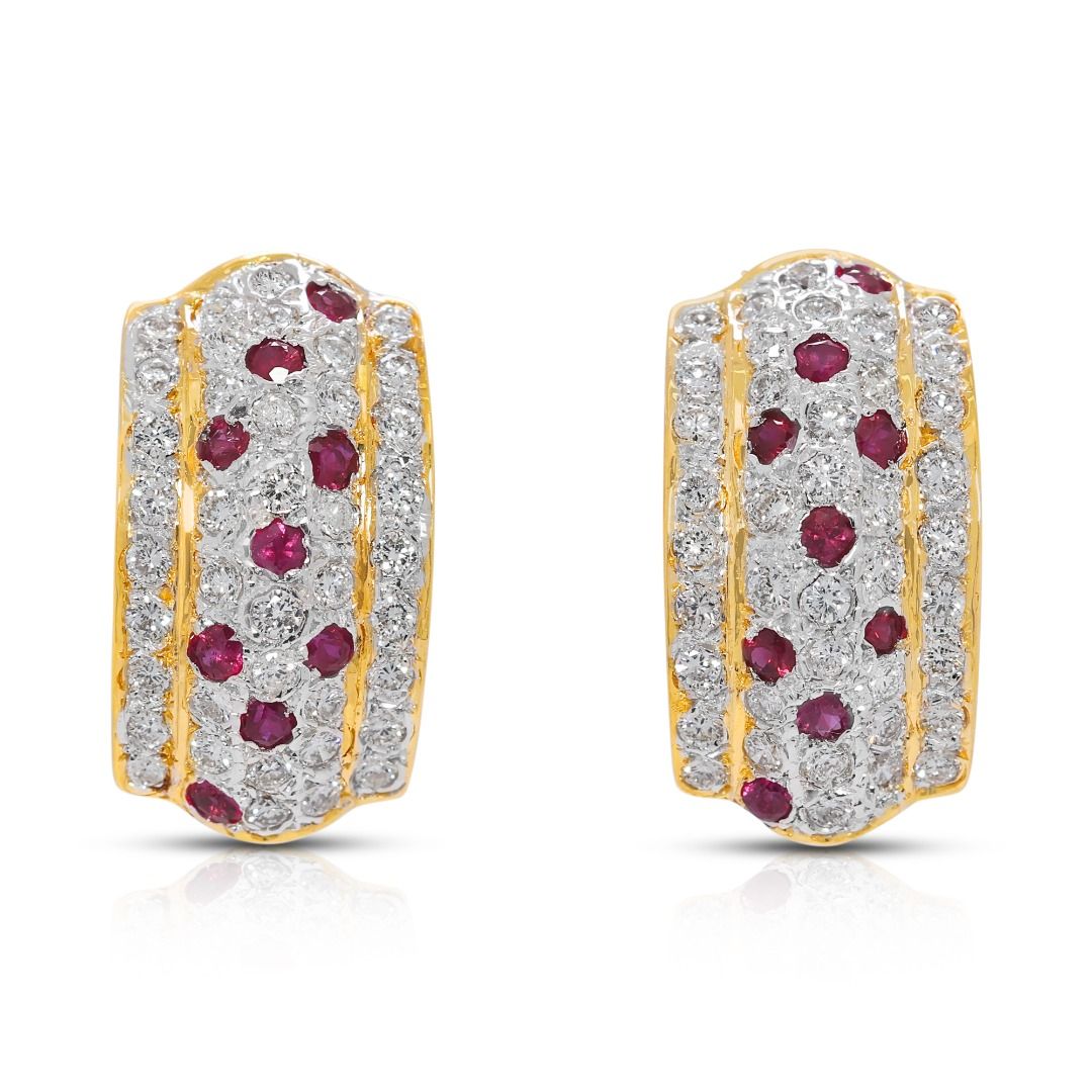 Radiant 1.38ct Ruby and Natural Diamond 18k Yellow Gold Huggie Earrings