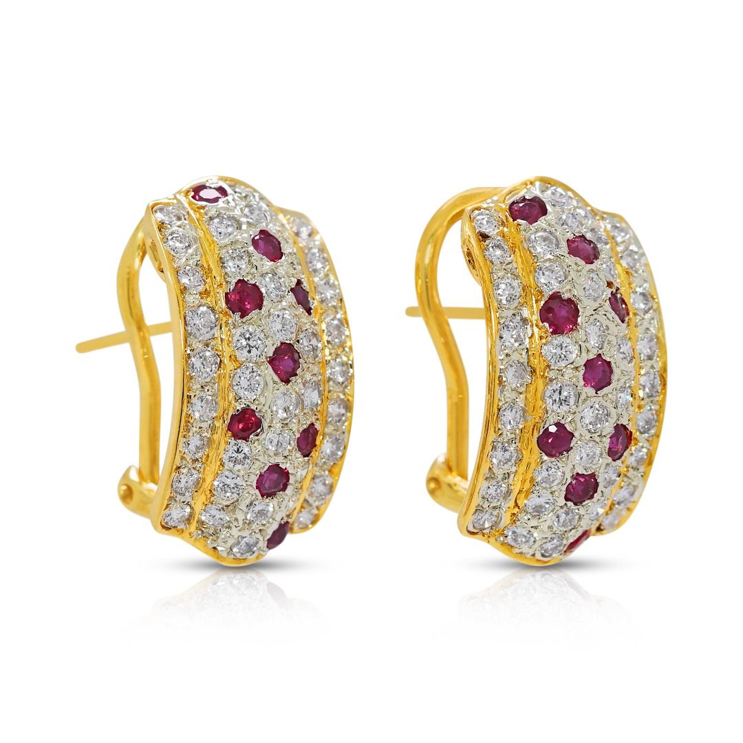 Radiant 1.38ct Ruby and Natural Diamond 18k Yellow Gold Huggie Earrings