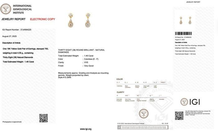 Radiant 1.46ct Diamonds Drop Earrings in 18k Yellow Gold - IGI Certified