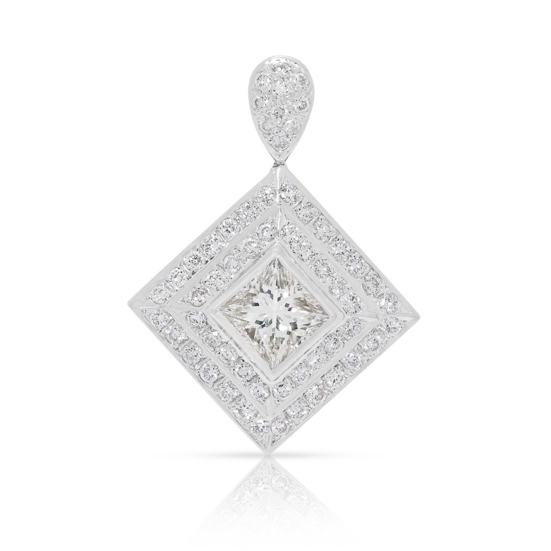 Radiant 1.77ct Natural Diamond Double-Halo Pendant in 18k White Gold