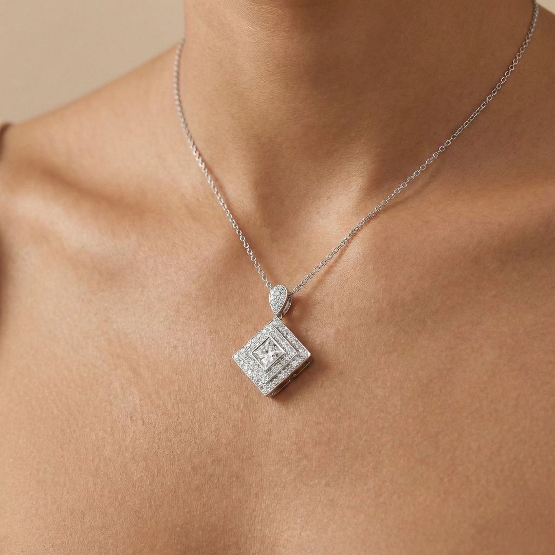 Radiant 1.77ct Natural Diamond Double-Halo Pendant in 18k White Gold