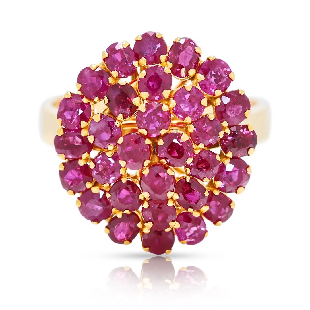 Radiant 1.80ct Pinkish Red Ruby Floral Cluster Ring in 18K Yellow Gold
