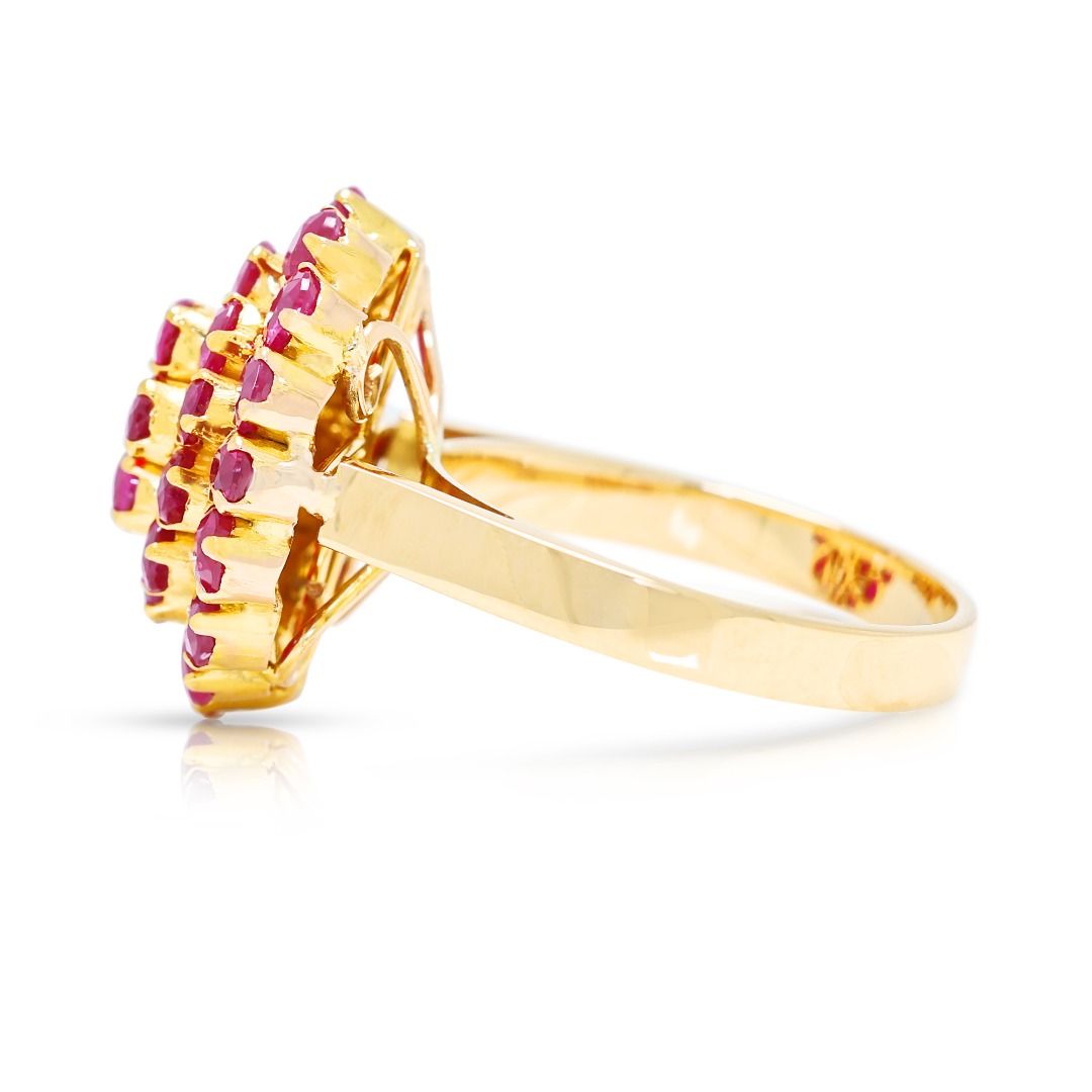Radiant 1.80ct Pinkish Red Ruby Floral Cluster Ring in 18K Yellow Gold