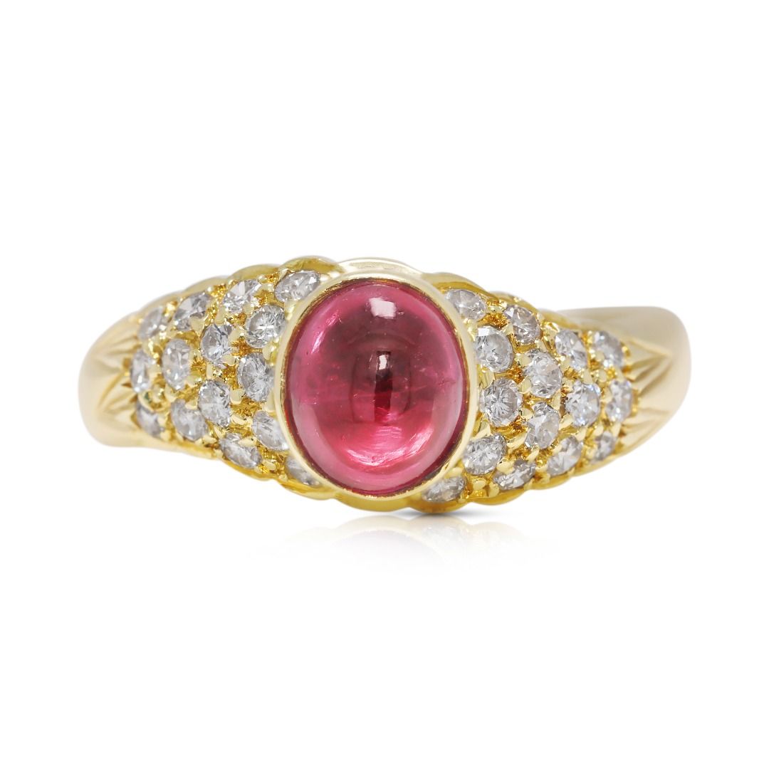 Radiant 1ct Red Tourmaline & Natural Diamond Pave Ring in 18K Yellow Gold