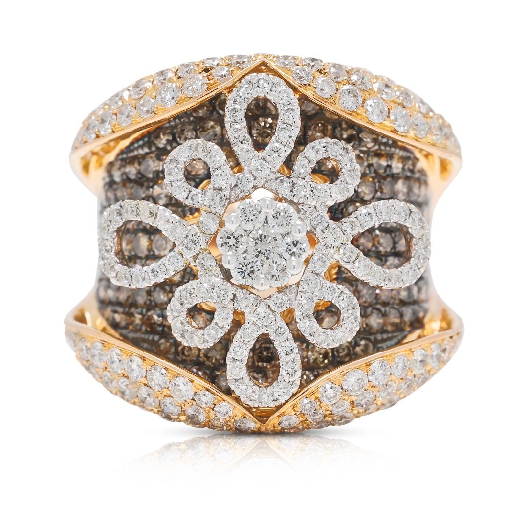 Radiant 3.90ct Natural Diamond Floral Statement Ring in 18K Two-Tone Gold