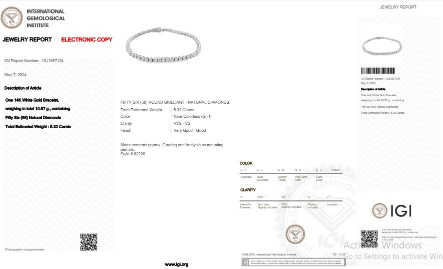 Radiant 5 carat and 32 points Natural Diamond Tennis Bracelet in 14K White Gold with IGI