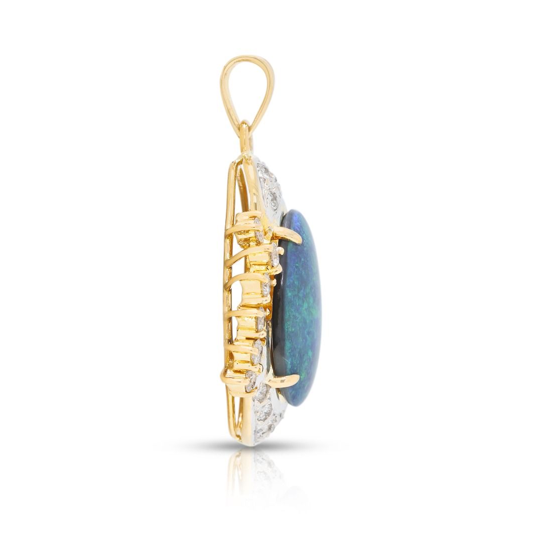 Radiant Blue Opal Cabochon with 0.30ct Diamond Halo Pendant in 18K Two-Tone Gold