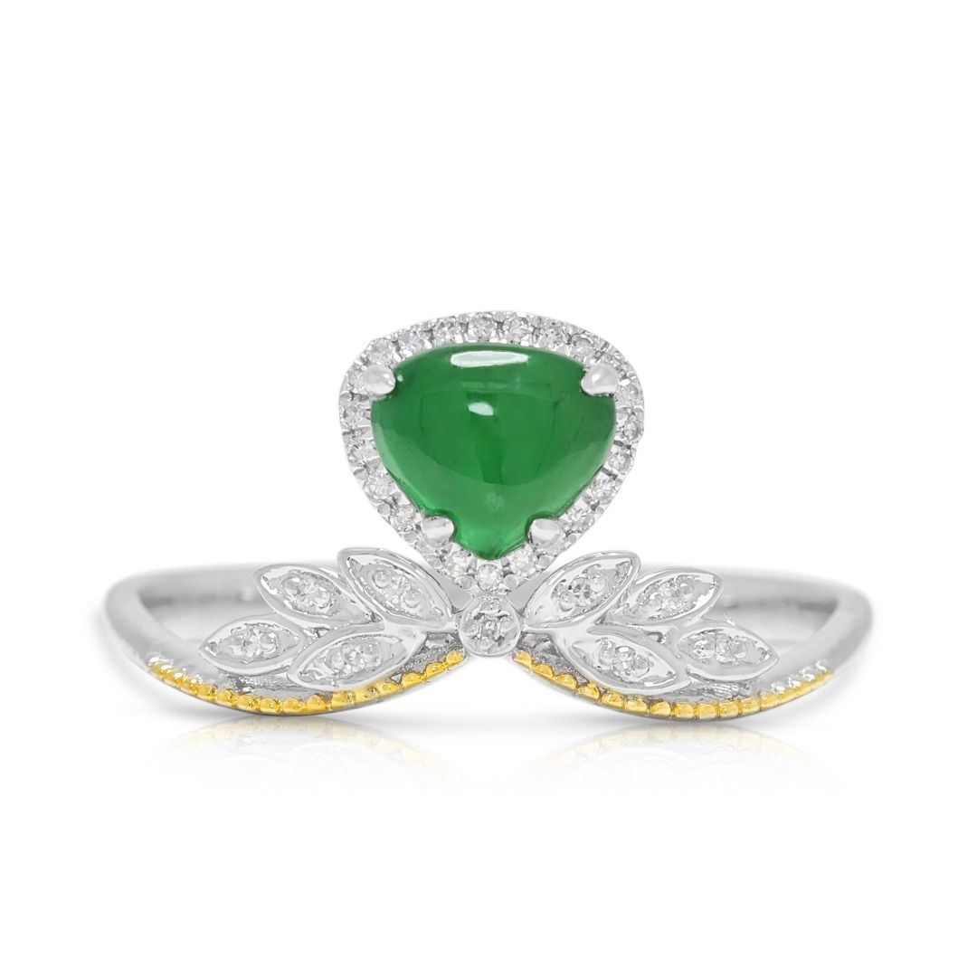 Refined 0.15ct Diamond & Jade Ring in 18K Two-Toned Gold