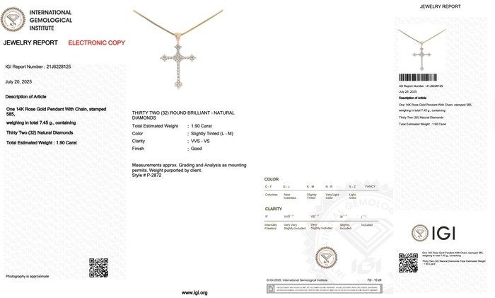 Refined 1.90ct Diamonds Necklace with Cross Pendant in 14k Rose Gold - IGI Certified