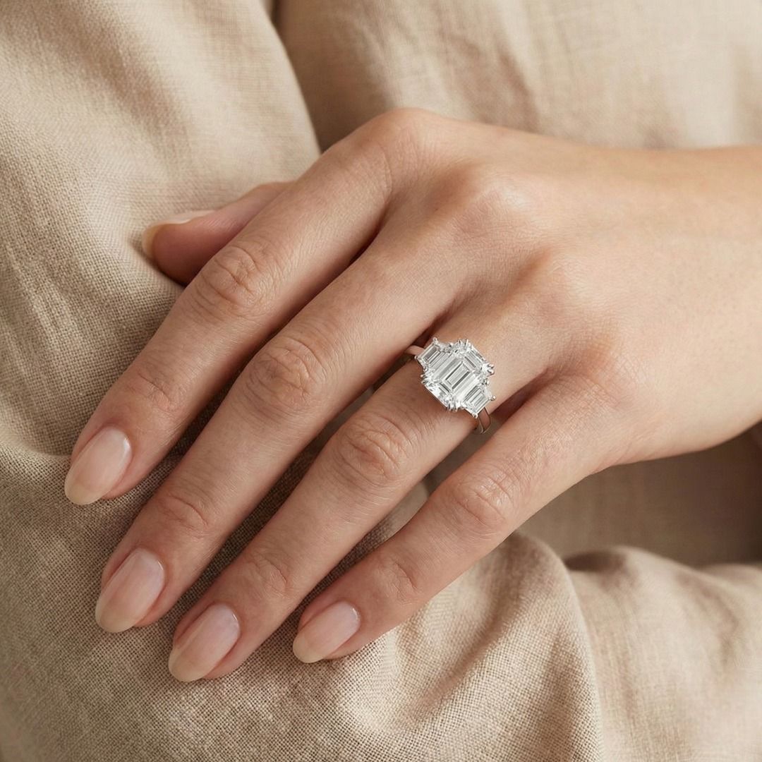 Refined 3.57ct Emerald & Trapezoid Diamond Ring in 18K White Gold - GIA Certified