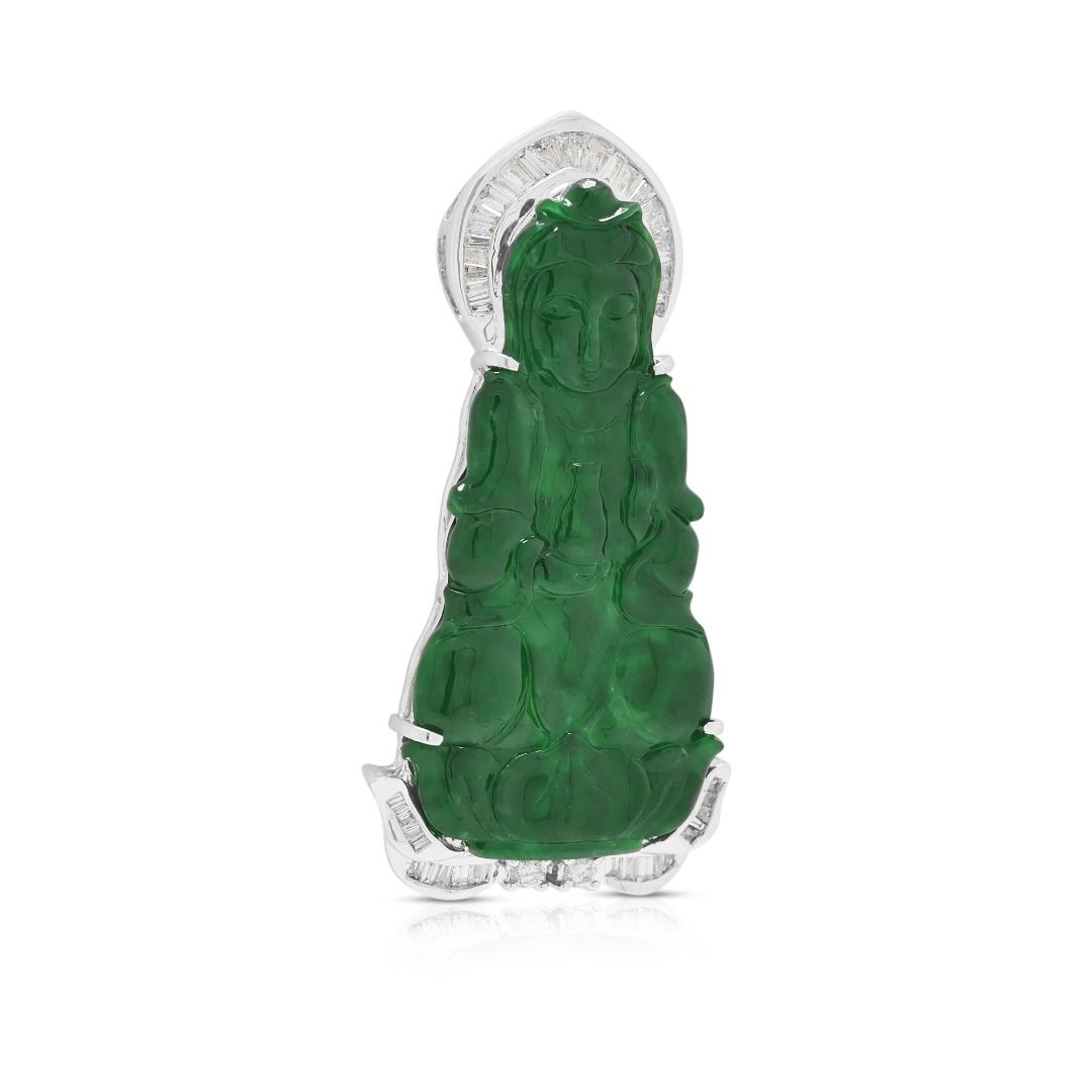 Regal 0.40ct Diamond & Carved Jade Pendant in 18K White Gold