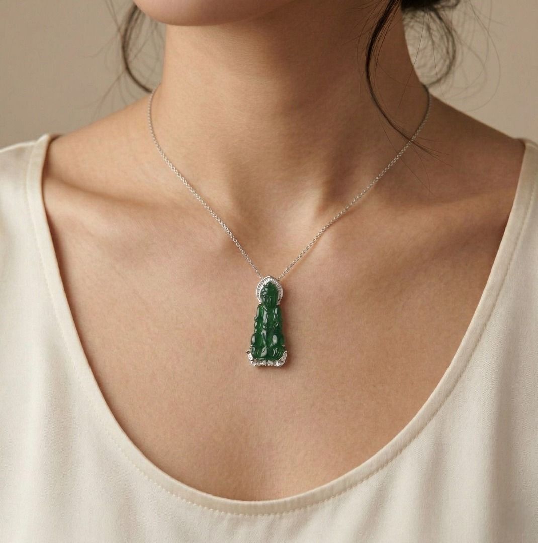 Regal 0.40ct Diamond & Carved Jade Pendant in 18K White Gold
