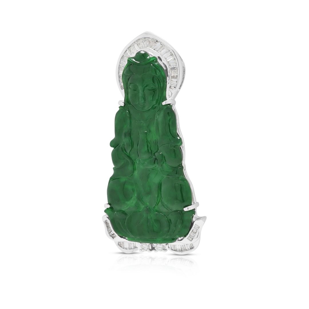 Regal 0.40ct Diamond & Carved Jade Pendant in 18K White Gold