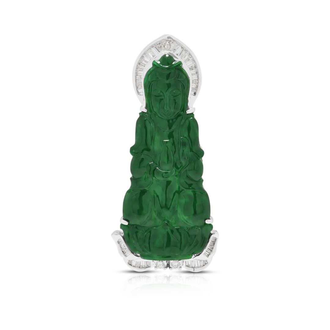 Regal 0.40ct Diamond & Carved Jade Pendant in 18K White Gold