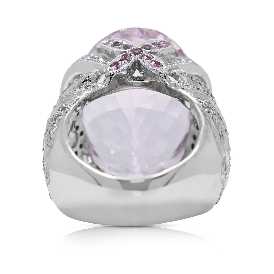 Regal 29.2ct Kunzite and Natural Diamonds Big Ring in 18K White Gold - NGI Certified
