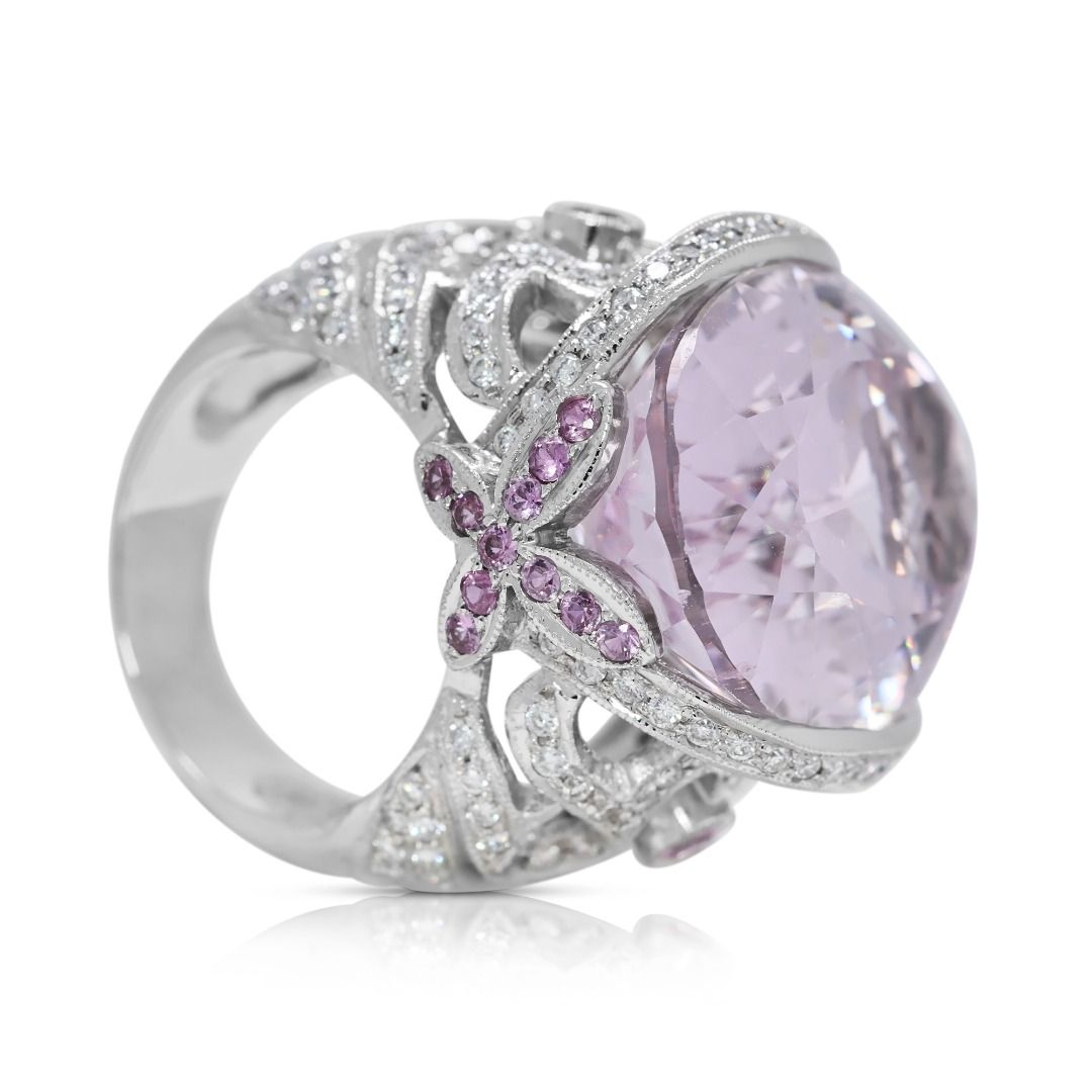Regal 29.2ct Kunzite and Natural Diamonds Big Ring in 18K White Gold - NGI Certified