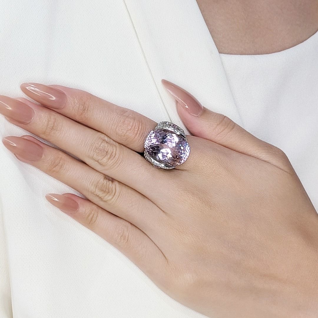 Regal 29.2ct Kunzite and Natural Diamonds Big Ring in 18K White Gold - NGI Certified
