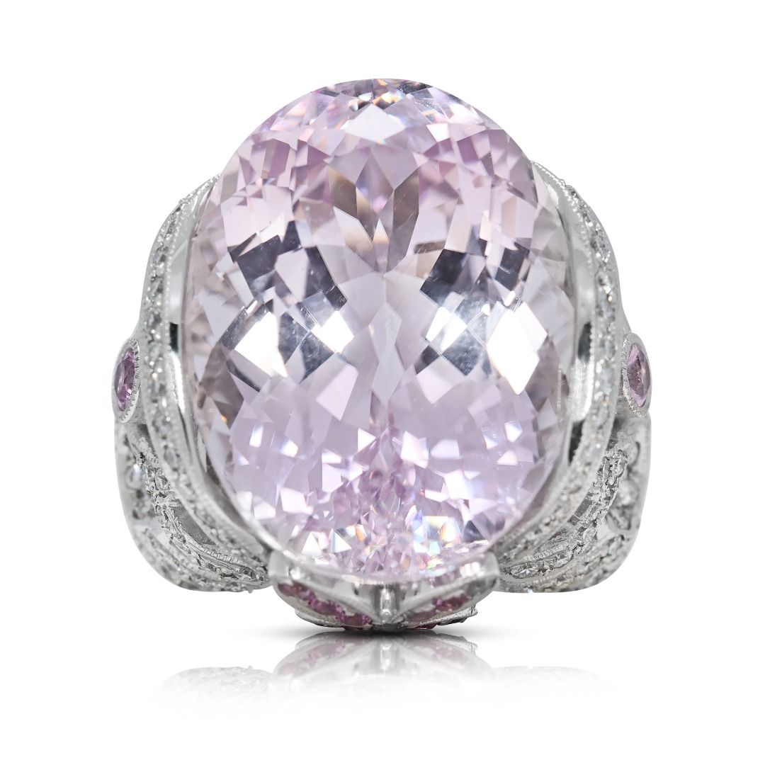 Regal 29.2ct Kunzite and Natural Diamonds Big Ring in 18K White Gold - NGI Certified