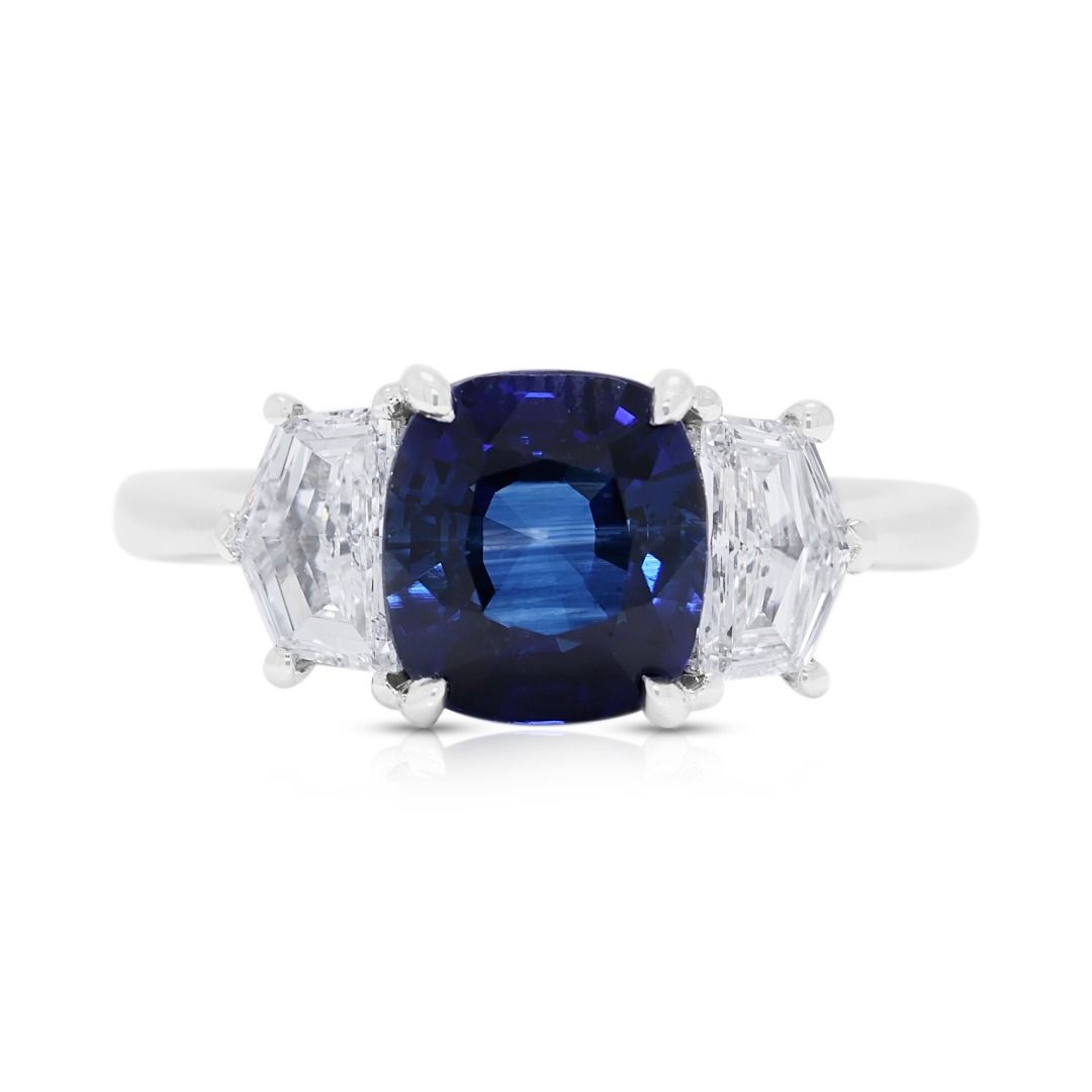 Regal 2.51ct Blue Unheated Sapphire & 0.80ct Diamond Ring in 18K White Gold (New) - NGI Certified