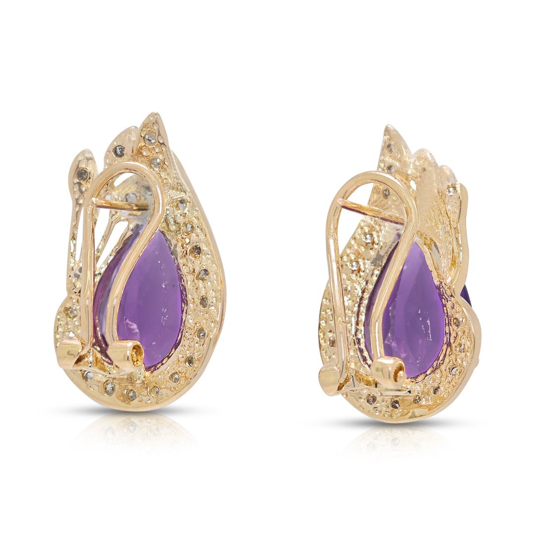Regal 5.29ct Pear-Shaped Amethyst and Diamond Halo Cluster Earrings in 14k Yellow Gold