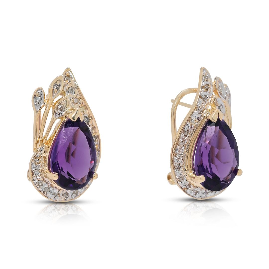 Regal 5.29ct Pear-Shaped Amethyst and Diamond Halo Cluster Earrings in 14k Yellow Gold