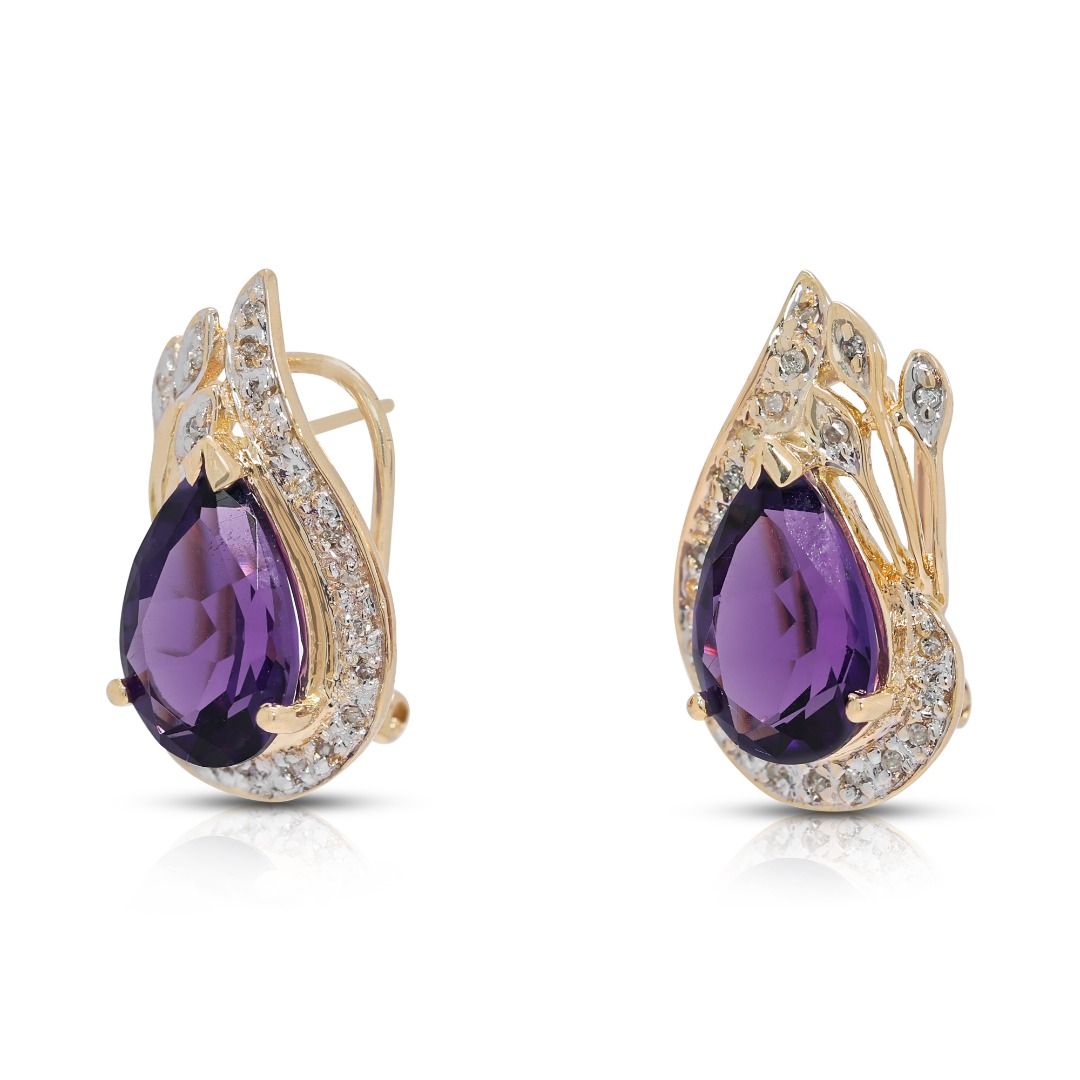 Regal 5.29ct Pear-Shaped Amethyst and Diamond Halo Cluster Earrings in 14k Yellow Gold