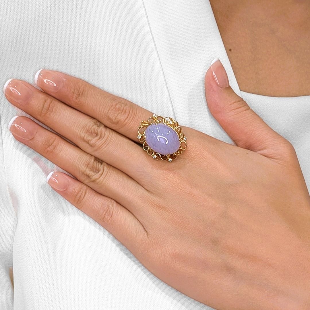 Regal Type A Purple Jadeite & 1.20ct Diamond Ring in 20K Yellow Gold - NGI Certified