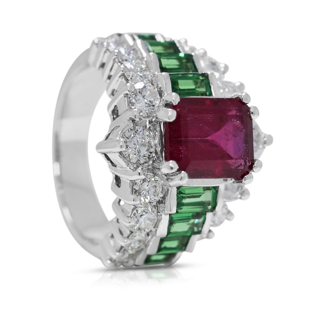 Resplendent 4.66ct Tourmaline, Tsavorite, and Natural Diamonds Pave Ring in 18K White Gold
