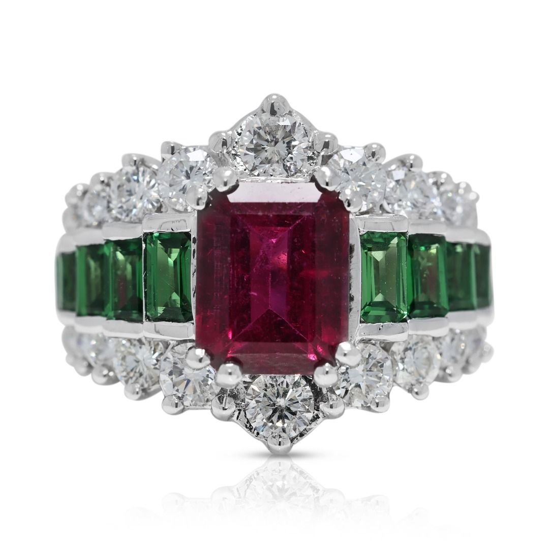 Resplendent 4.66ct Tourmaline, Tsavorite, and Natural Diamonds Pave Ring in 18K White Gold