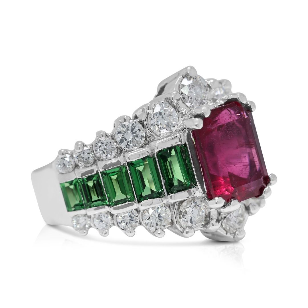 Resplendent 4.66ct Tourmaline, Tsavorite, and Natural Diamonds Pave Ring in 18K White Gold
