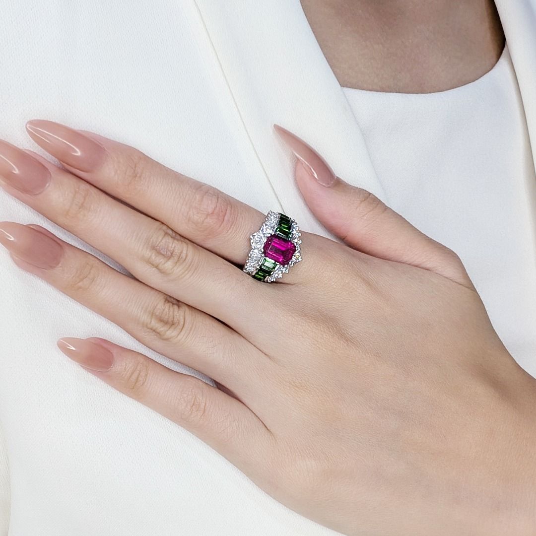 Resplendent 4.66ct Tourmaline, Tsavorite, and Natural Diamonds Pave Ring in 18K White Gold