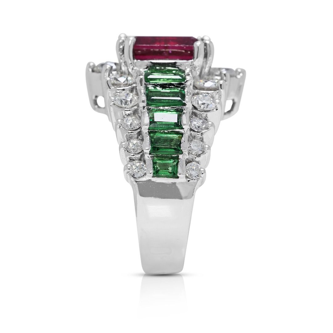 Resplendent 4.66ct Tourmaline, Tsavorite, and Natural Diamonds Pave Ring in 18K White Gold